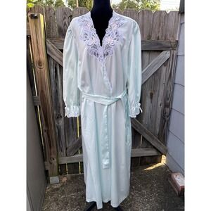 Sara Beth Vintage Baby Blue Satin Long Robe Lace Floral Embroidery Pearl Trim